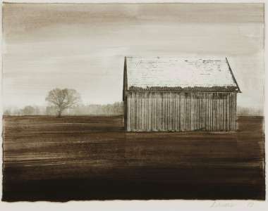 Alois Achatz „Scheune", 2009, Heliogravüre, Übermalung, 27 x 35 cm