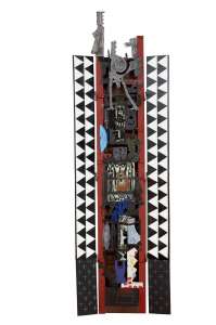 Hubert Baumann „Flügel Altar - Ogon", 2009, Objekt, Bleche, Blattsilber, Farbe, Stoff, Hinterglasmalerei, 218 x 34 x 6 cm
