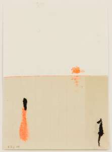 Ursula Bolck-Jopp „Fräulein und Hund am Meere", 2008, Mischtechnik auf Papier, 17 x 12,5 cm