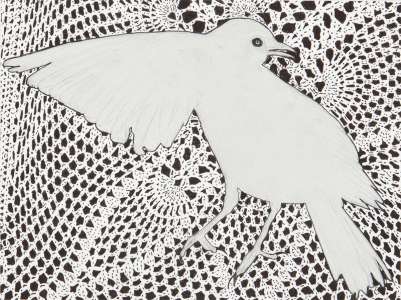 Gilla Buchner „Amsel trifft ORIENT-1“, 2011, Tusche auf Papier, 20 x 27 cm