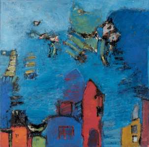 Renate Christin aus der Serie „Haus = Haus = nicht gleich Haus“, Mischtechnik auf Leinwand, 100 x 100 cm