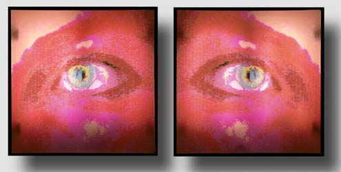 Markus Eberl "red eyes" (zweiteilig); digitalplott / backlight film / fluorescent box; 40x40x7cm; 2003
