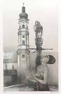 Günter Filus " Chi Gong am Stadtplatz ", Lithographie mit Radierung, 2.Zustand, 47 x 29 cm