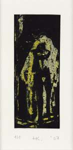 Harald Klinger „o. T.“, 2007, Linolschnitt/Frottage, 8 x 3 cm