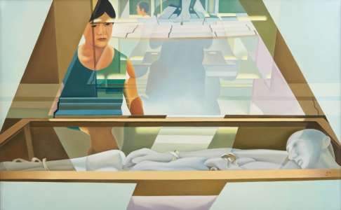 Josef Mayer „Schneewittchen im Karton (nach I. Juzova)", 2010, Öl auf Leinwand, 80 x 130 cm