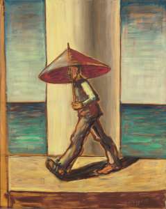 Alois Oellinger „Geher mit Schirm", 2010, Öl, 150 x 120 cm