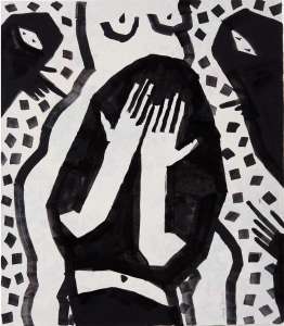Johanna Obermüller „Schande", 2012, Acryl auf Leinen/kaschiert mit Kosopapier, 80 x 70 cm