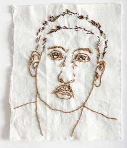 Barbara Regner „Moritz Leitner Borussia Dortmund“, 2011, Stickerei auf Leinwand, 22,5 x 18 cm