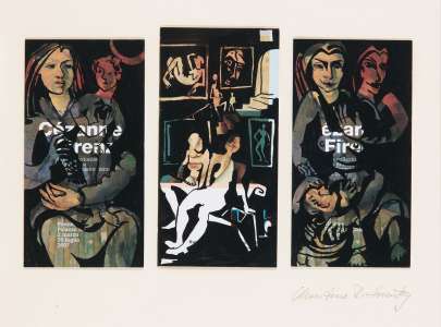 Christine Rieck-Sonntag „Cezanne heimlich unterwegs“, Tuschezeichnung über Museumsflyer, 40 x 50 cm