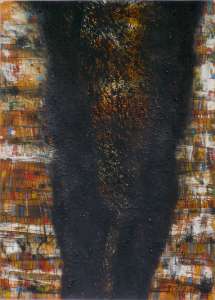 Helmut Rösel “Brand der Herzogin-Amalia-Bibliotek in Weimar”, 2007, Acryl, Kreide, Papier gelocht, 120 x 90 cm
