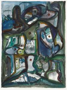 Johann Baptist Wölfl „Komposition Blau-Grün-Grau", 2009, Aquarell, 97 x 76 cm